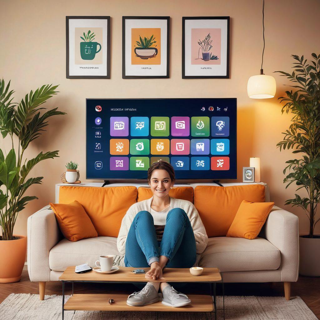 A young adult seated comfortably on a couch, holding a remote control, with a TV screen displaying various mature content icons (movies, series, games). The scene shows a cozy, safe atmosphere with soft lighting, and informational posters about content ratings in the background. A cup of herbal tea on a side table suggests a relaxing environment. vector art. vibrant colors. warm and inviting.