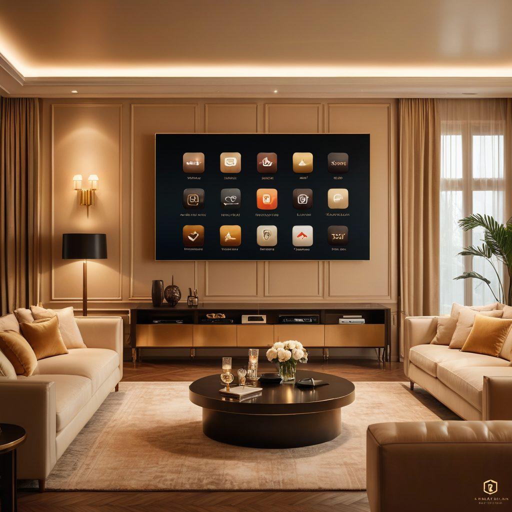 An elegant and tasteful layout of a sophisticated digital interface showcasing various icons and logos of adult networks and channels. The image should have a refined, mature aesthetic with muted, classy colors, and include a subtle background of an upscale living room warmly lit, hinting at luxury and exclusivity. Style: super-realistic, elegant, muted colors.